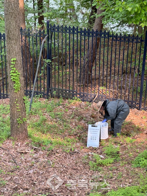 충북보건환경연구원이 청남대 일대에서 진드기 채집 작업을 하고 있다. /충북도 제공 ⓒ충북뉴스